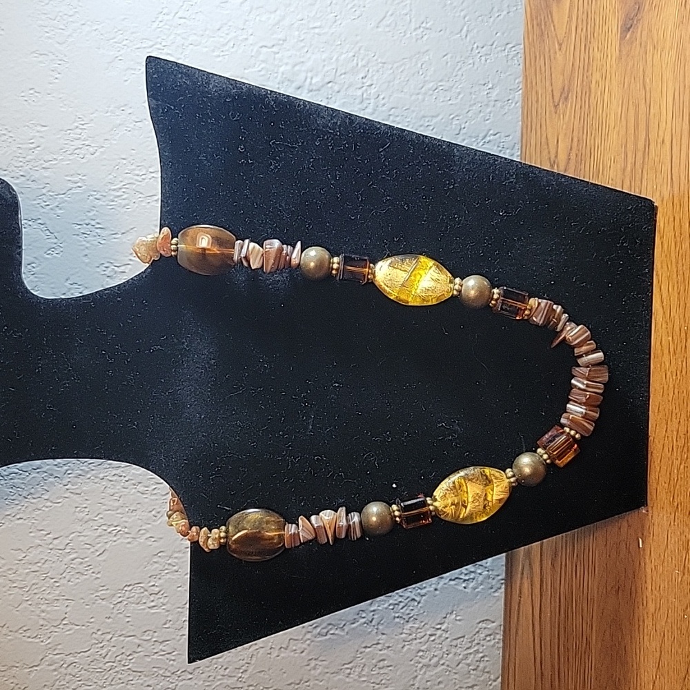 Womens brown natural stone glass bead necklace - Picture 1 of 6